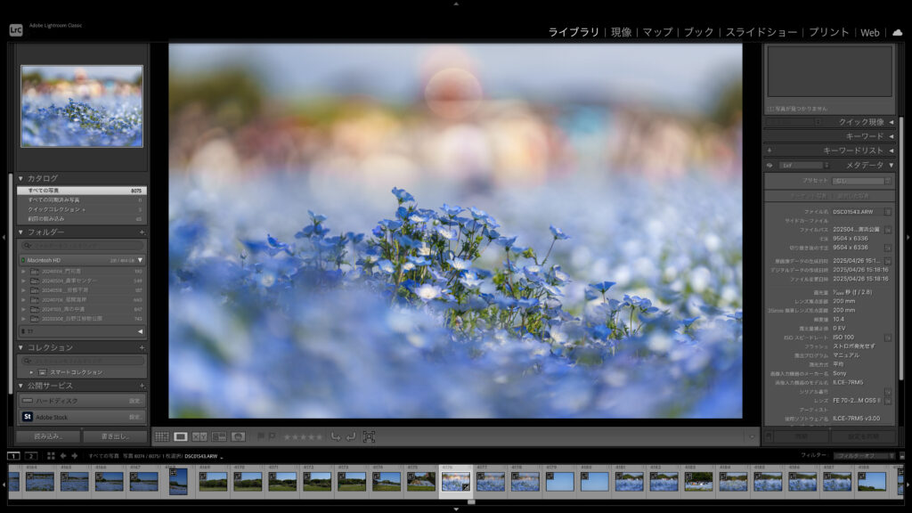 Adobe Lightroomでの編集画面
